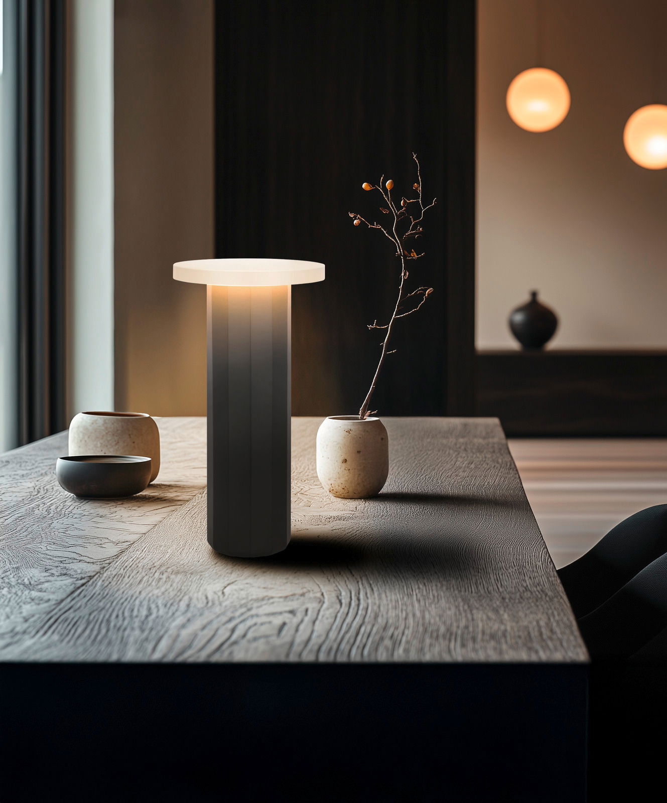 Moderne Akku-Tischleuchte auf einem Holztisch, seitliche Perspektive, umgeben von minimalistischen Keramikgefäßen.