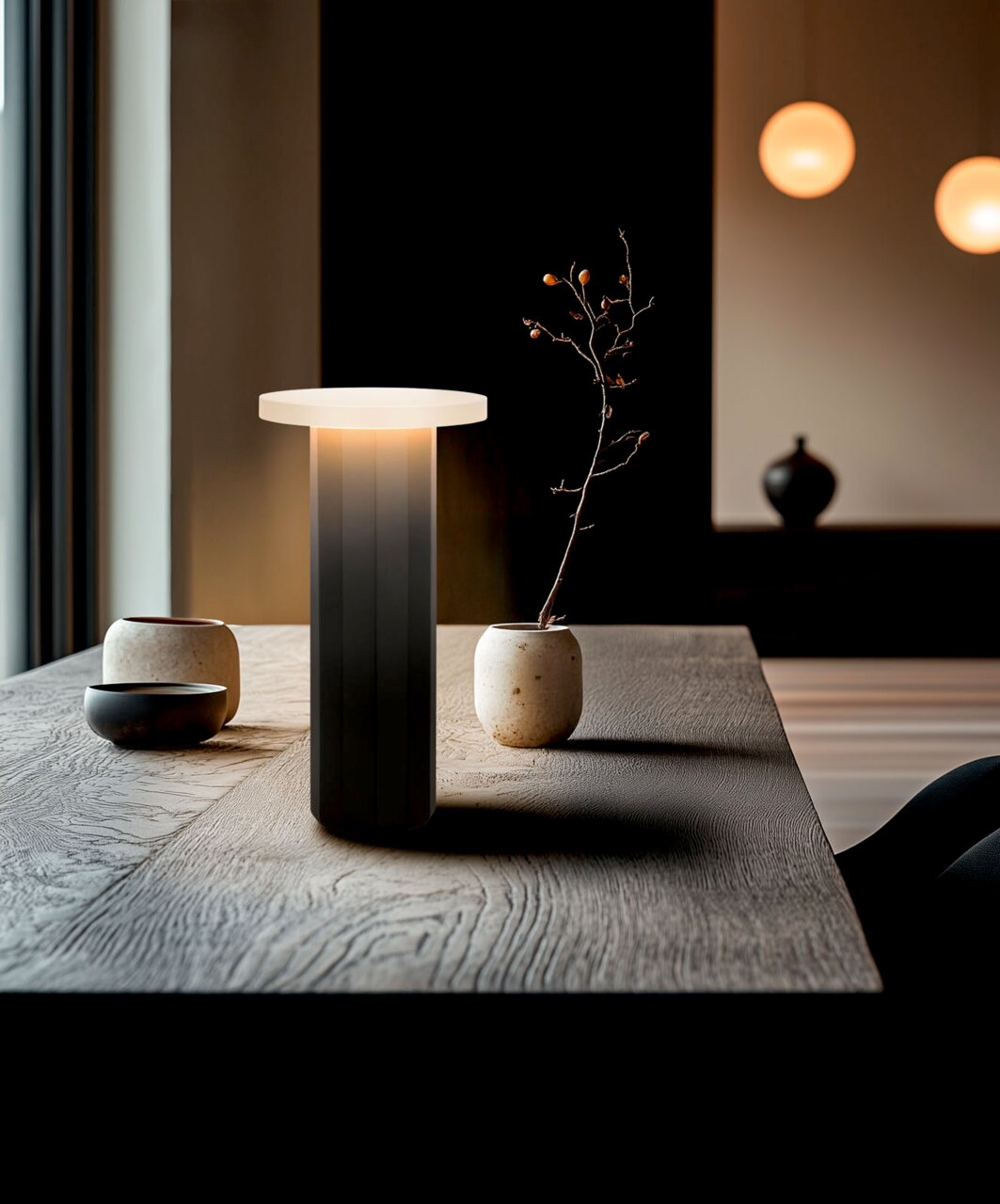 Moderne Akku-Tischleuchte auf einem Holztisch, seitliche Perspektive, umgeben von minimalistischen Keramikgefäßen.