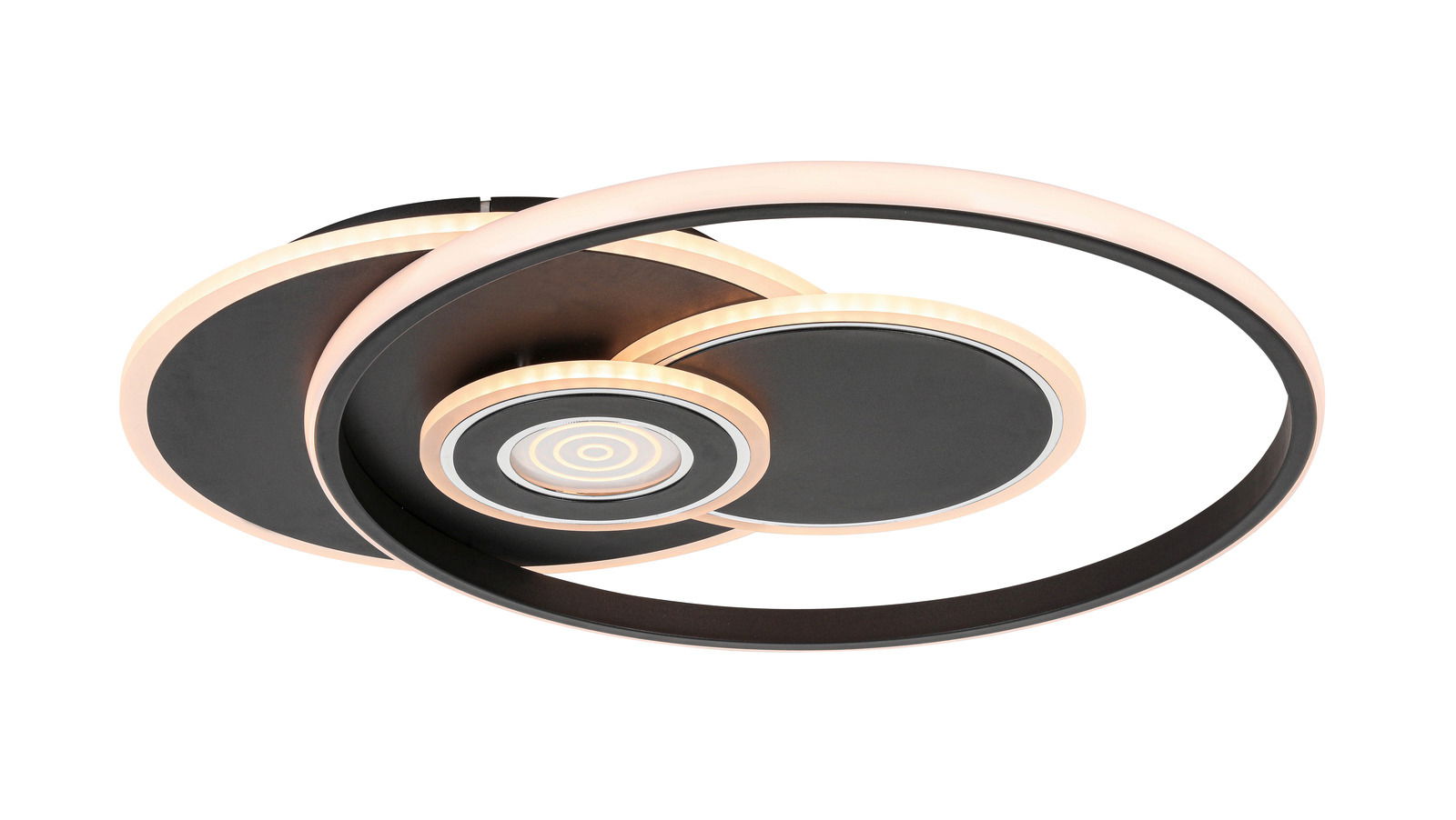 Moderne LED-Deckenleuchte mit kreisförmigem Design, seitliche Perspektive