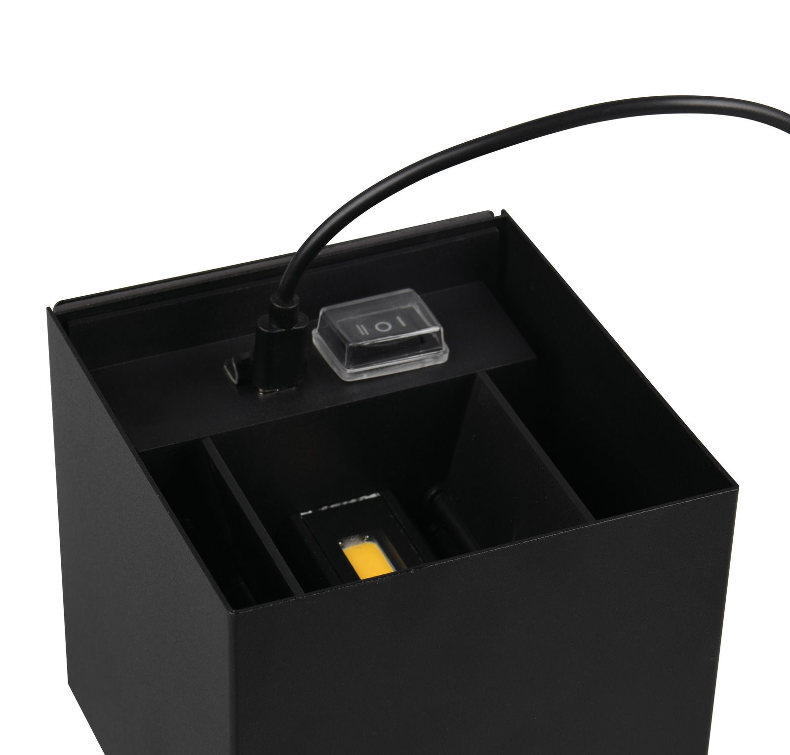 Nahaufnahme einer schwarzen Akku-Wandleuchte TALENT mit sichtbarem Schalter und Kabelanschluss von oben.