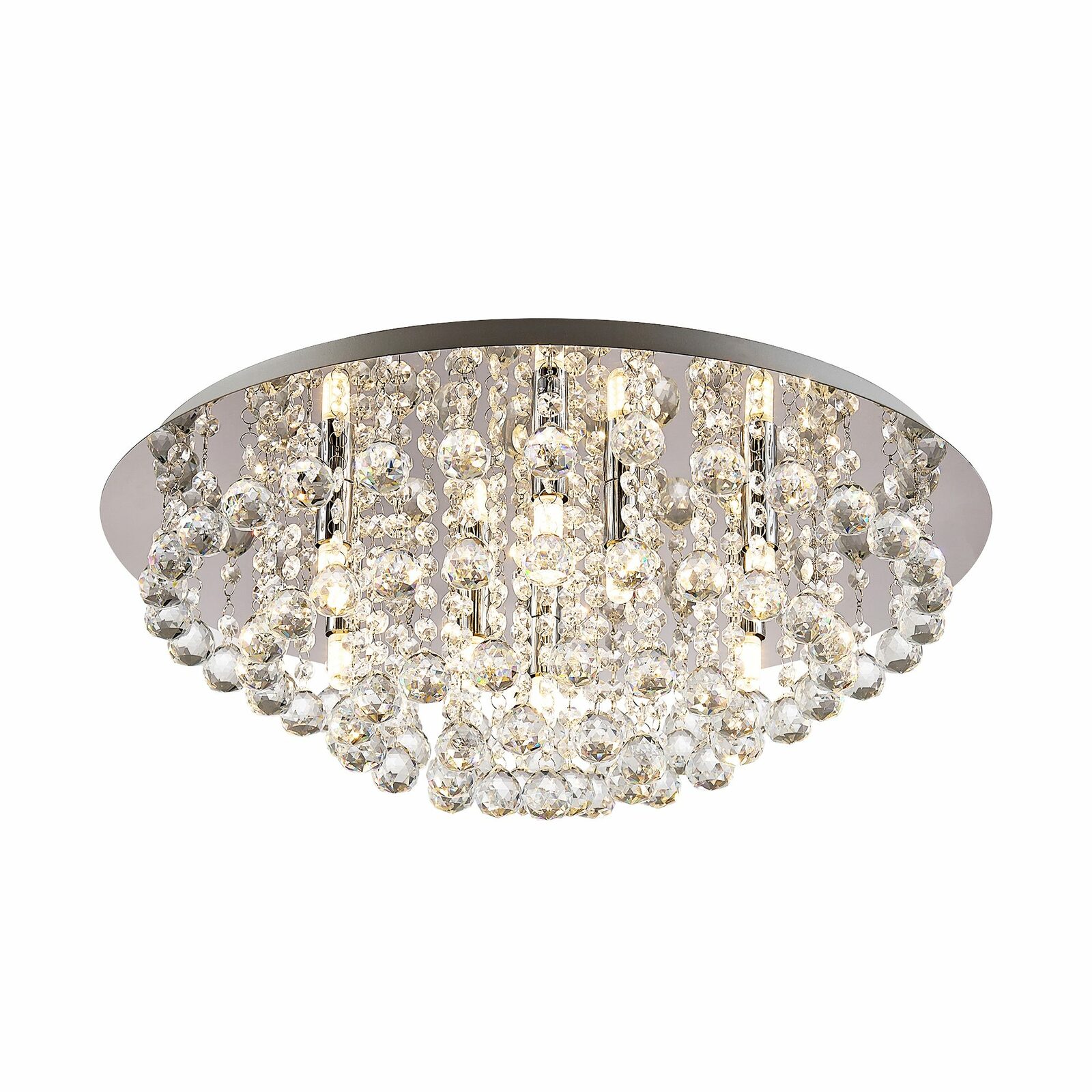 Elegante Deckenleuchte mit funkelnden Kristallanhängern, seitliche Perspektive