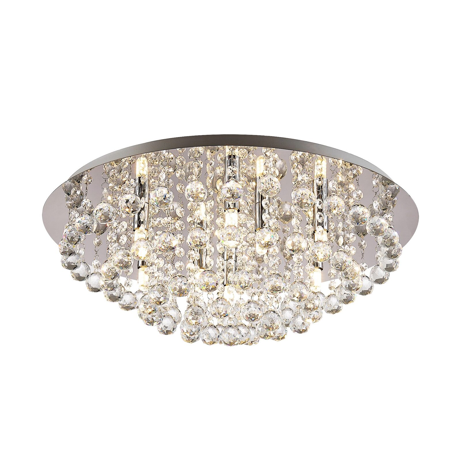 Elegante Deckenleuchte mit funkelnden Kristallanhängern, seitliche Perspektive