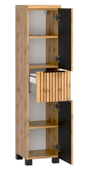 Offener Midischrank aus Holz mit mehreren Fächern und Schublade, Frontansicht