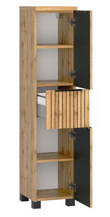 Offener Midischrank aus Holz mit mehreren Fächern und Schublade, Frontansicht