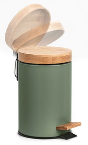 Grüner Kosmetikeimer mit 3 Litern Fassungsvermögen, Bambusdeckel und Pedal, seitliche Perspektive