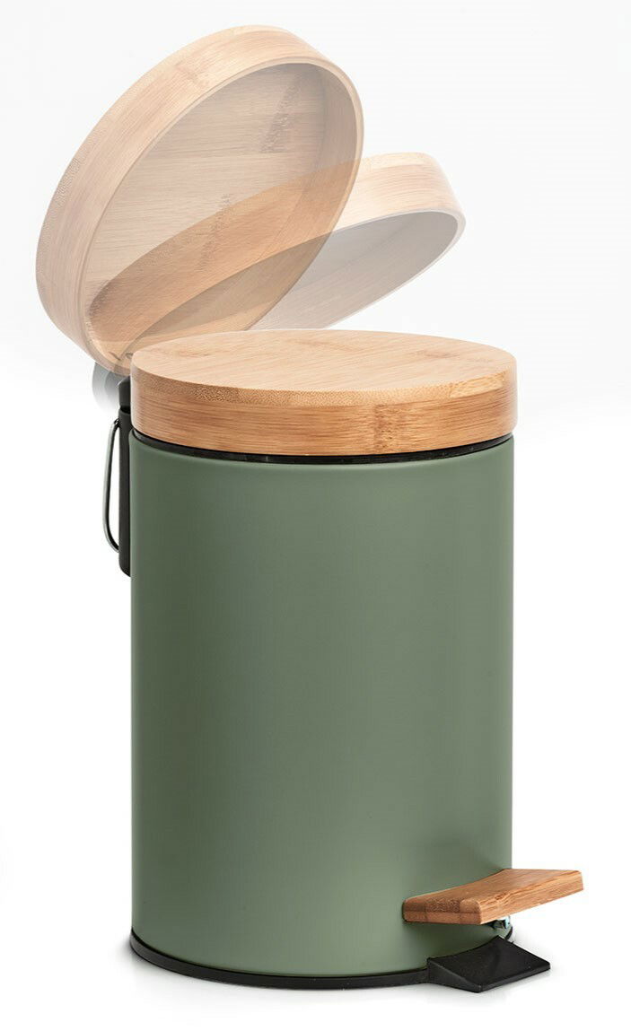 Grüner Kosmetikeimer mit 3 Litern Fassungsvermögen, Bambusdeckel und Pedal, seitliche Perspektive