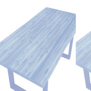 Holzgartentisch mit natürlicher Maserung und schwarzen Metallbeinen, Perspektive von schräg oben