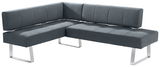Moderne Eckbank in L-Form mit grauem Polster und Metallbeinen, seitliche Perspektive