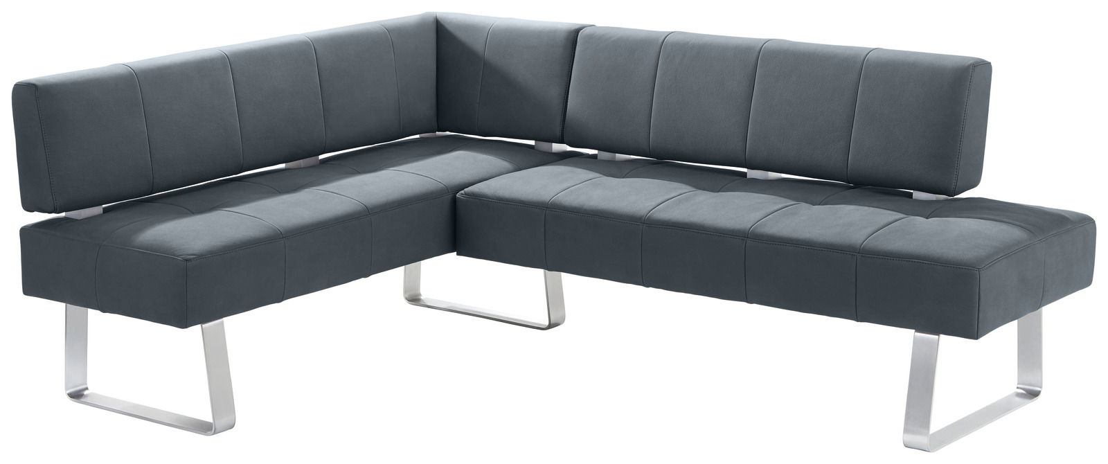Moderne Eckbank in L-Form mit grauem Polster und Metallbeinen, seitliche Perspektive