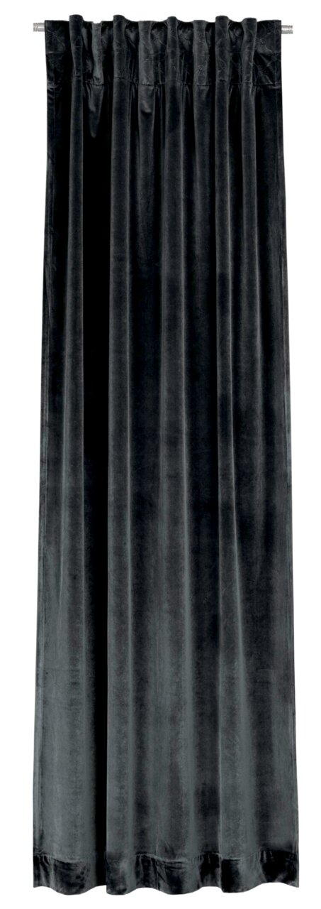 JOOP! Dekoschal J!SHOW Grauer Samtvorhang in voller Länge, frontal fotografiert, mit Falten und einer Gardinenstange oben.