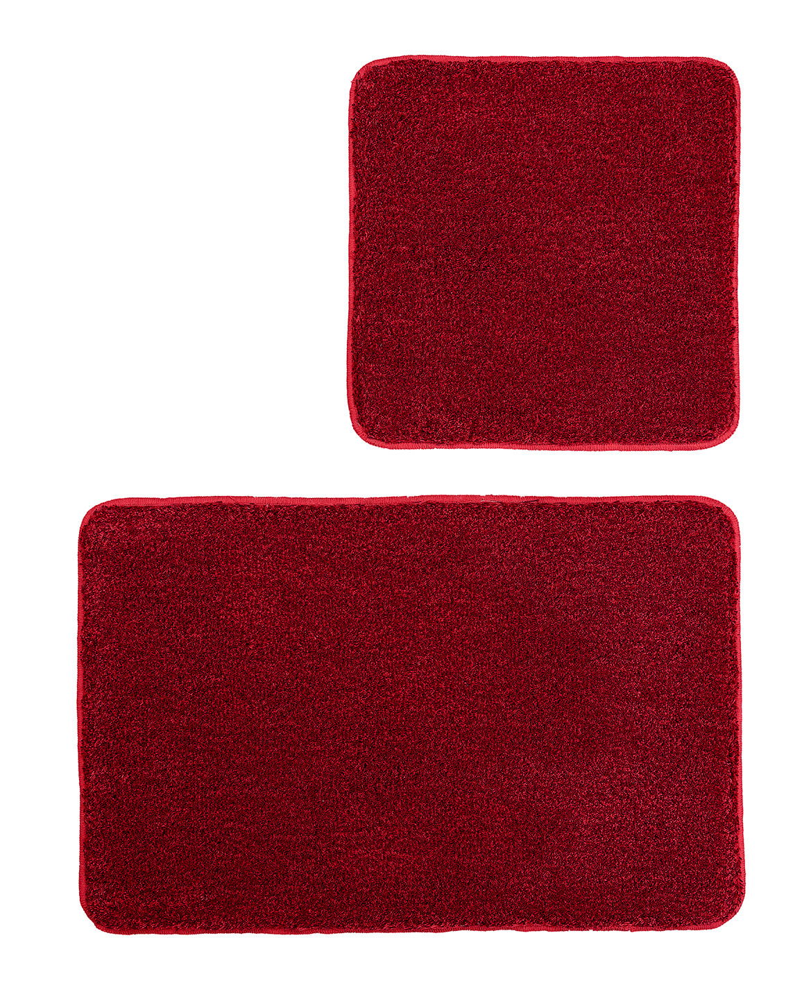 Kleine Wolke Badteppich Set 2tlg. RELAX Zweiteiliges Badteppich-Set in Rot, bestehend aus einem größeren rechteckigen und einem kleineren quadratischen Teppich, von oben betrachtet.