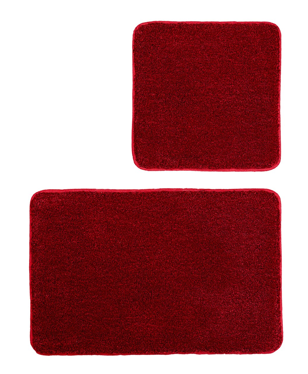 Kleine Wolke Badkamertapijtset, 2-delig RELAX Tweedelige badkamerset in rood, bestaande uit een groter rechthoekig tapijt en een kleiner vierkant tapijt, gezien van bovenaf.
