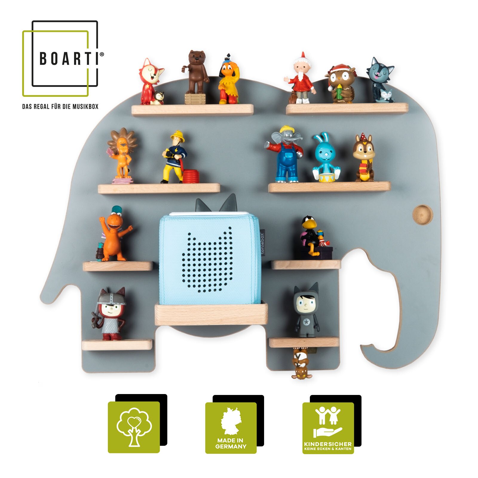 Frontansicht eines grauen, elefantenförmigen BOARTI Wandregals aus Holz mit mehreren Ablageleisten, dekoriert mit kleinen Spielfiguren und einer blauen Toniebox in der Mitte; freigestellt auf weißem Hintergrund.