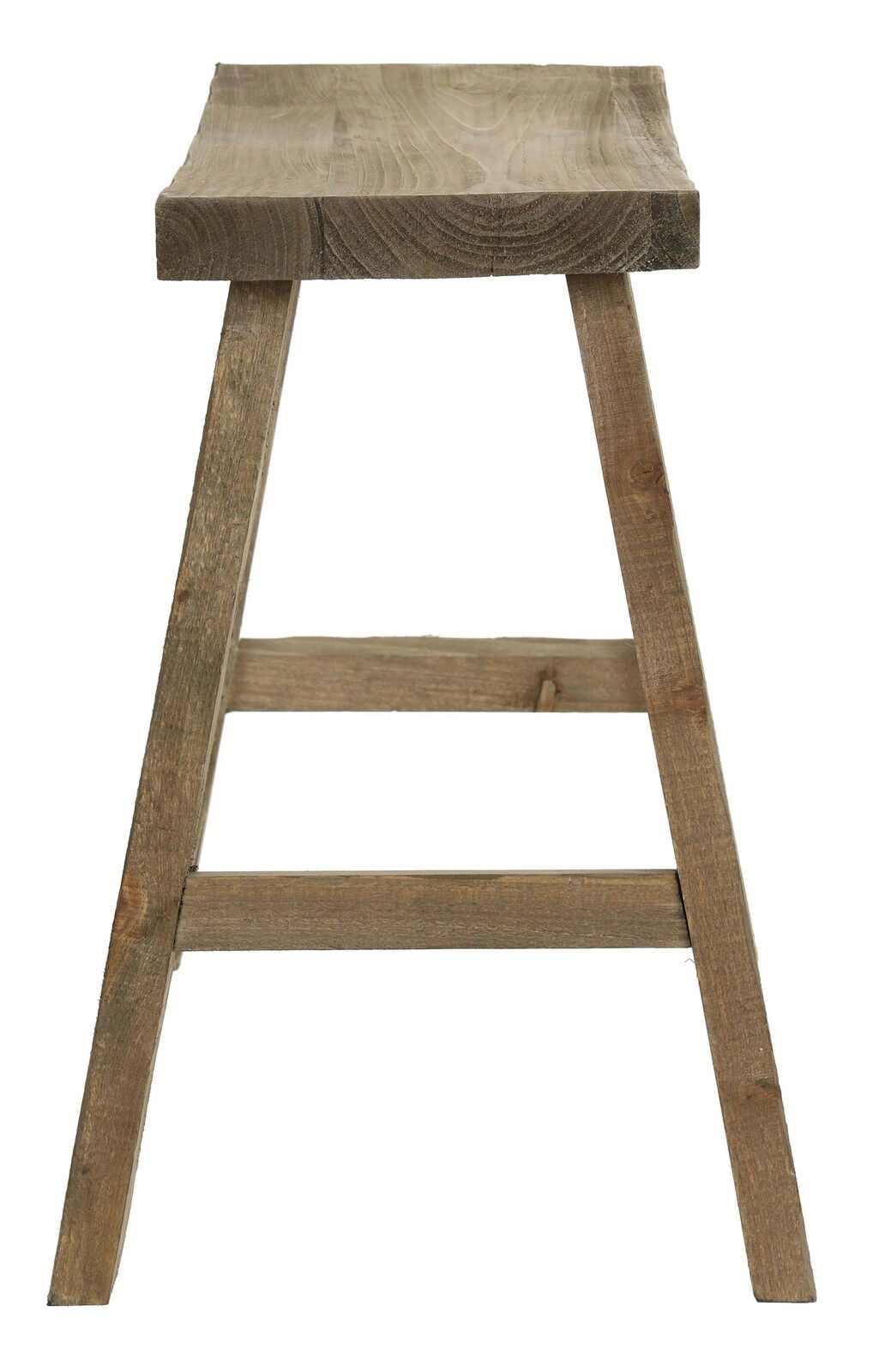 Holzhocker in Seitenansicht mit rustikalem Design