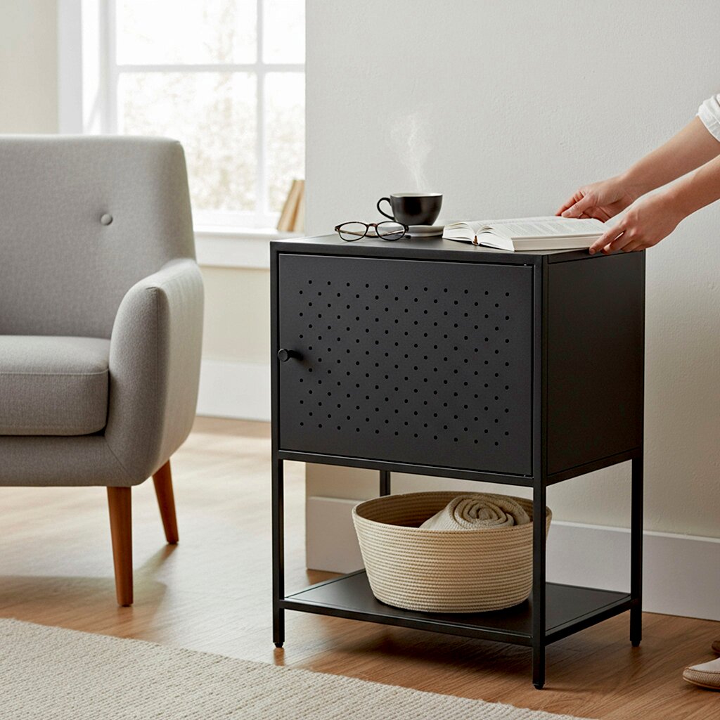 Schwarzer, minimalistischer Beistelltisch/Nachttisch aus Metall mit perforierter Klapptür und Ablagefach, neben grauem Sessel im Wohnzimmer; perspektivisch schräg von vorn rechts aufgenommen.