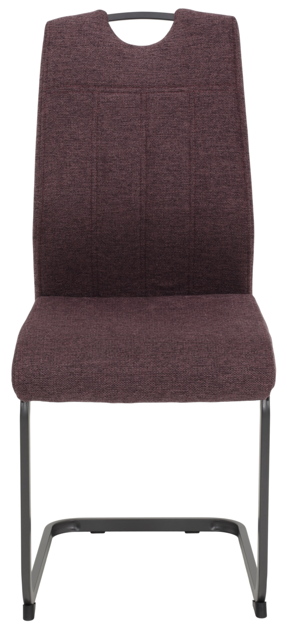 Moderner Schwingstuhl mit braunem Stoffbezug und schwarzem Metallgestell, Frontalansicht.