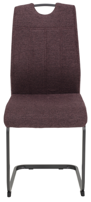 Moderner Schwingstuhl mit braunem Stoffbezug und schwarzem Metallgestell, Frontalansicht.