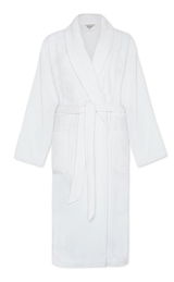 Weißer Bademantel mit Schalkragen und Gürtel, Vorderansicht