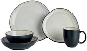 Serviesset van 10-delig in een moderne, tweekleurige keramieklook, bestaande uit borden, schalen en een kopje, zijaanzicht