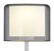 LED-Tischleuchte KLARA mit zylindrischem, grauem Lampenschirm, seitliche Perspektive