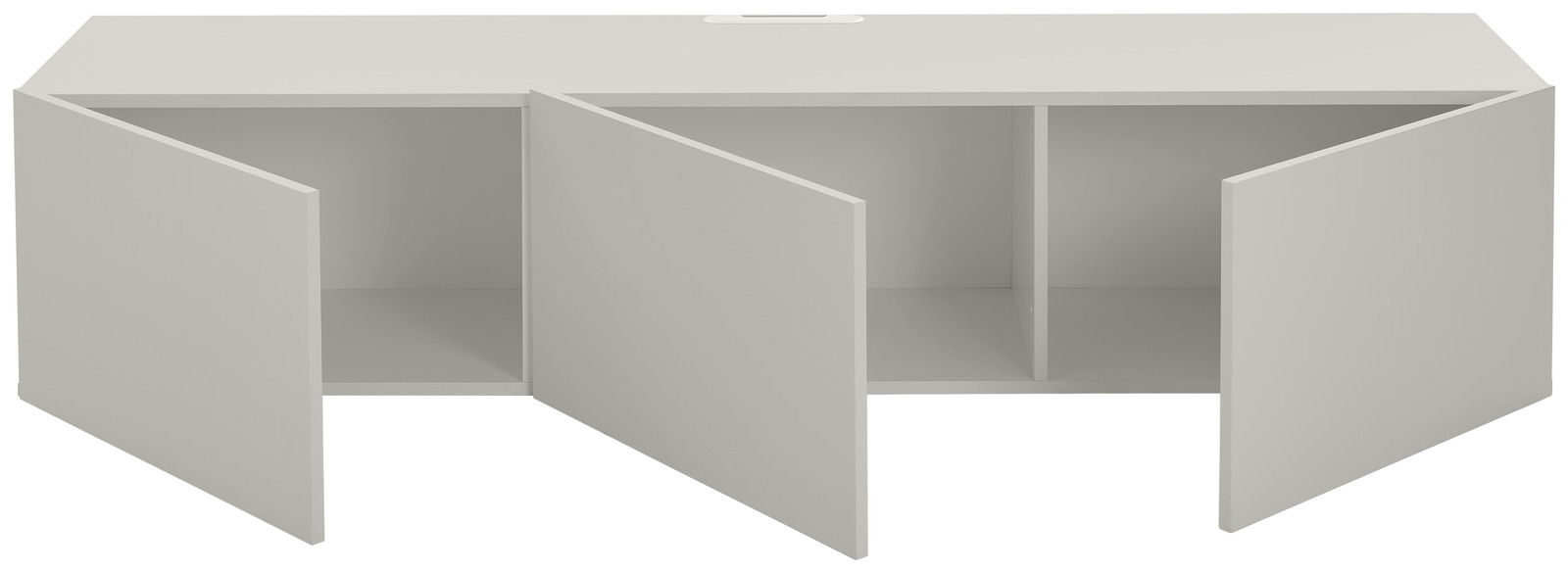 Frontansicht eines modernen, weißen TV-Hängelowboards mit zwei offenen Türen und einem zentralen Fach.