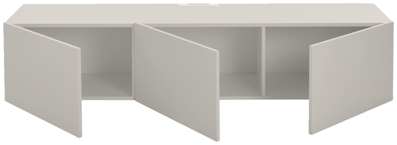 Frontansicht eines modernen, weißen TV-Hängelowboards mit zwei offenen Türen und einem zentralen Fach.