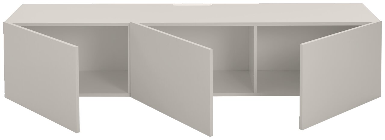 Vooraanzicht van een modern, wit hangend tv-meubel met twee open deuren en een centraal vak.