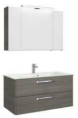 Moderner Badblock mit weißem Spiegelschrank und grauem Waschtisch, seitliche Perspektive