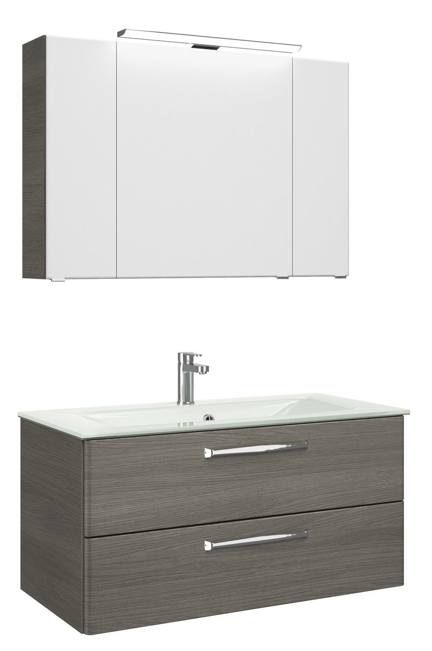 Moderner Badblock mit weißem Spiegelschrank und grauem Waschtisch, seitliche Perspektive