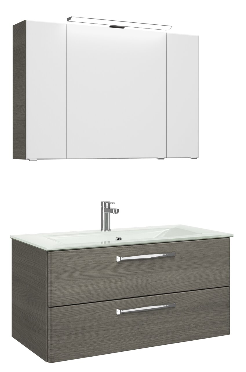Pelipal Badblok TRENTINO Moderner Badblock mit weißem Spiegelschrank und grauem Waschtisch, seitliche Perspektive