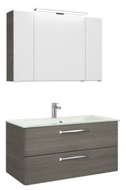 Moderner Badblock mit weißem Spiegelschrank und grauem Waschtisch, seitliche Perspektive