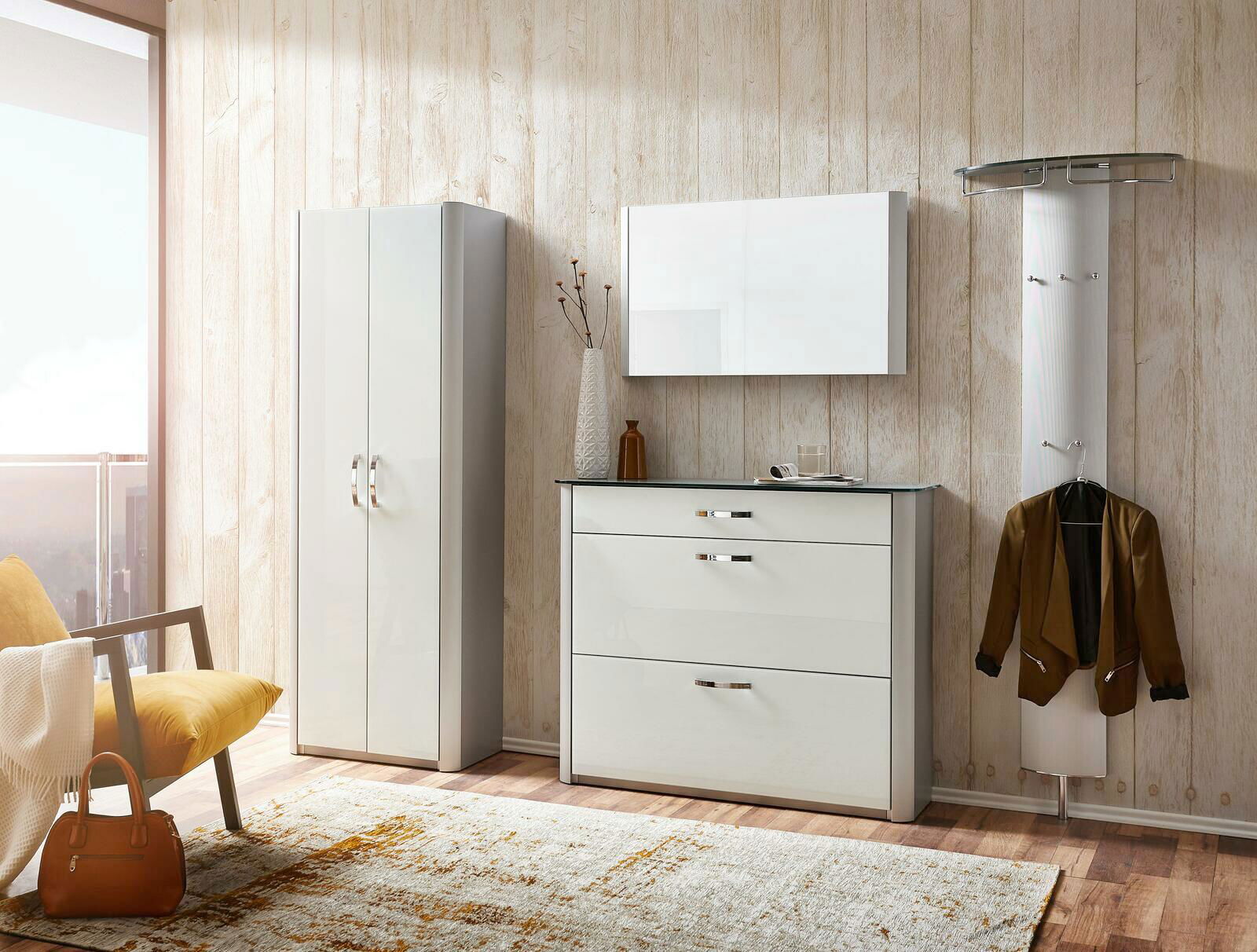 Moderano Garderobe MILANO Moderne Garderobenkombination in heller Holzoptik mit Spiegel, Schuhschrank und Garderobenpaneel, seitliche Perspektive