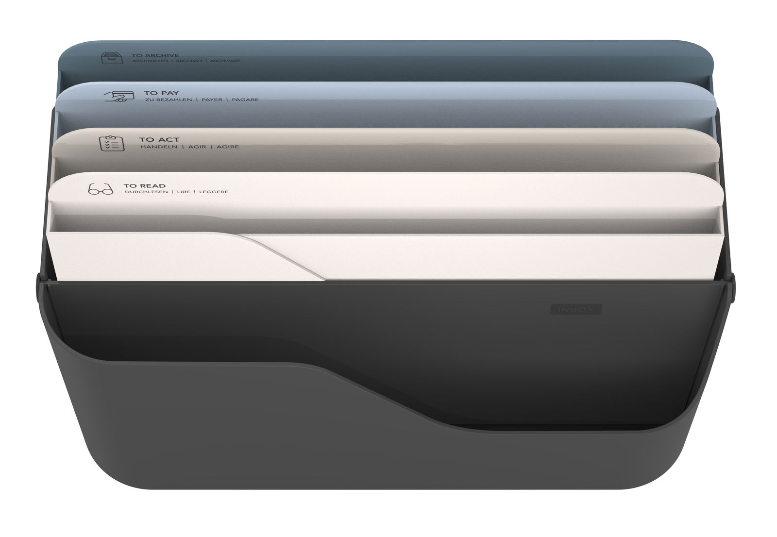 Dokumentenorganizer mit mehreren Fächern in verschiedenen Farben, Ansicht von vorne.