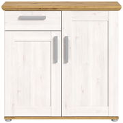 Frontansicht einer weißen Kommode mit zwei Türen und einer Schublade, Holzoptik an der Ober- und Unterseite.