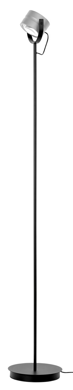 Schlanke LED-Stehleuchte mit rundem Sockel und verstellbarem Lampenschirm, seitliche Perspektive