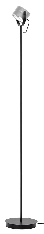 Schlanke LED-Stehleuchte mit rundem Sockel und verstellbarem Lampenschirm, seitliche Perspektive