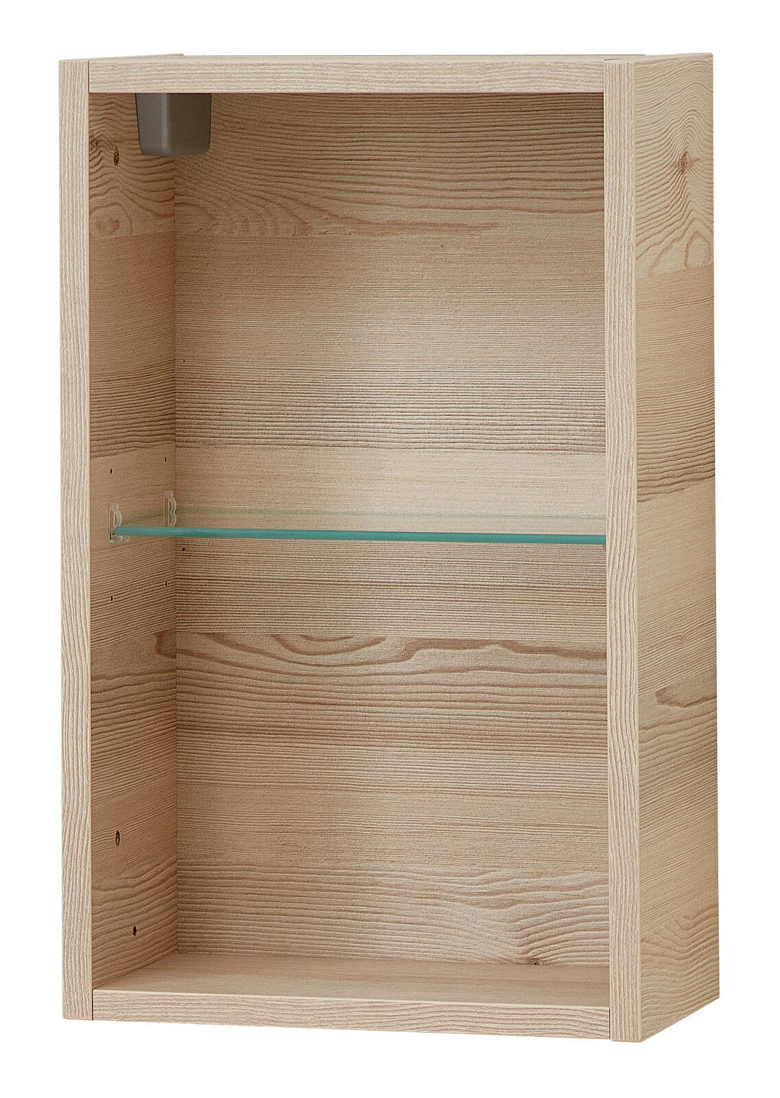 Hängeschrankregal aus Holz mit Glasboden, frontale Ansicht