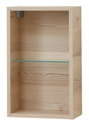 Hängeschrankregal aus Holz mit Glasboden, frontale Ansicht