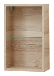 Hängeschrankregal aus Holz mit Glasboden, frontale Ansicht