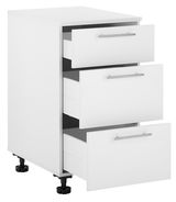Weißer Unterschrank mit drei offenen Schubladen, seitliche Perspektive