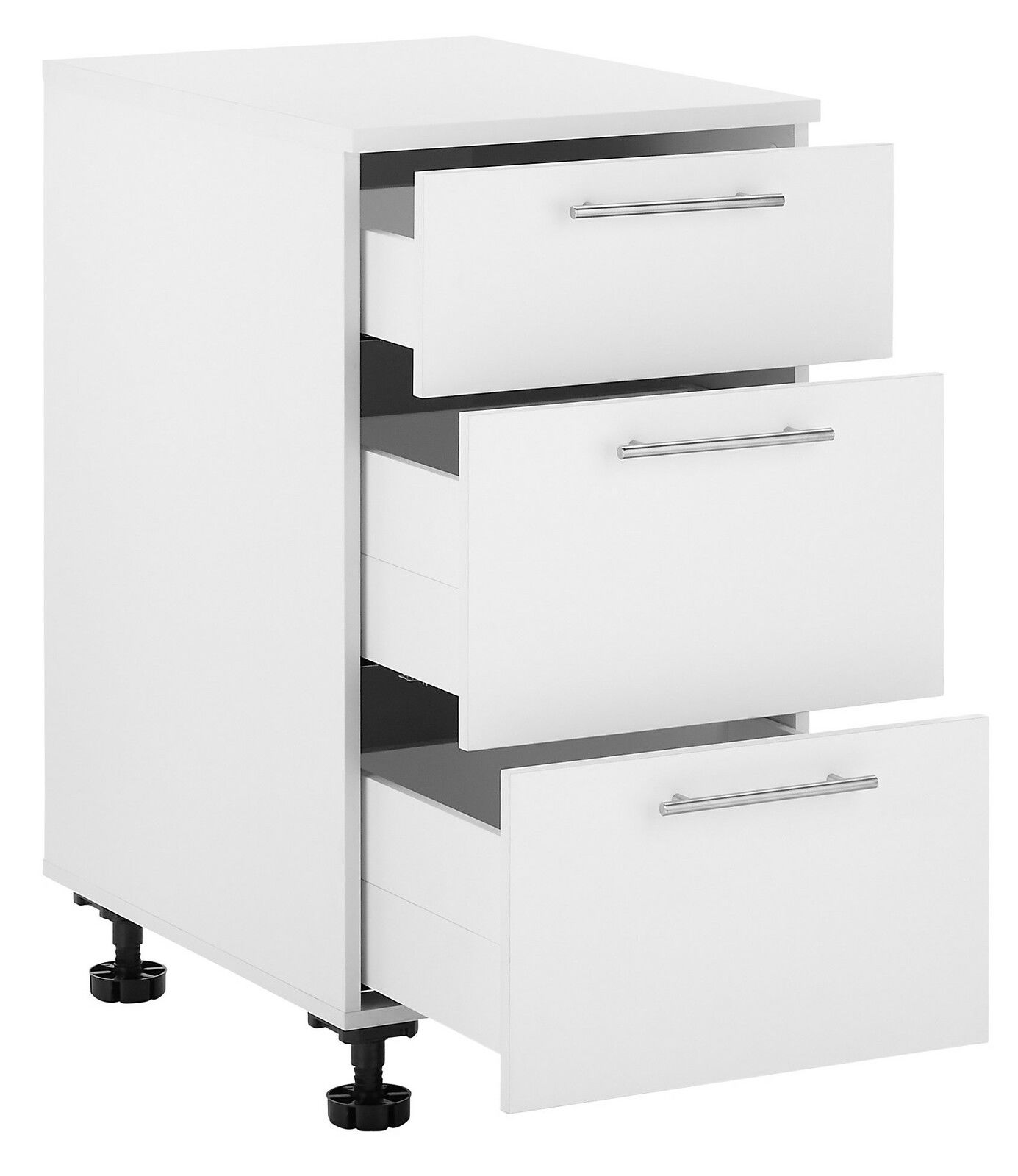 XORA Unterschrank PRIMUS Weißer Unterschrank mit drei offenen Schubladen, seitliche Perspektive