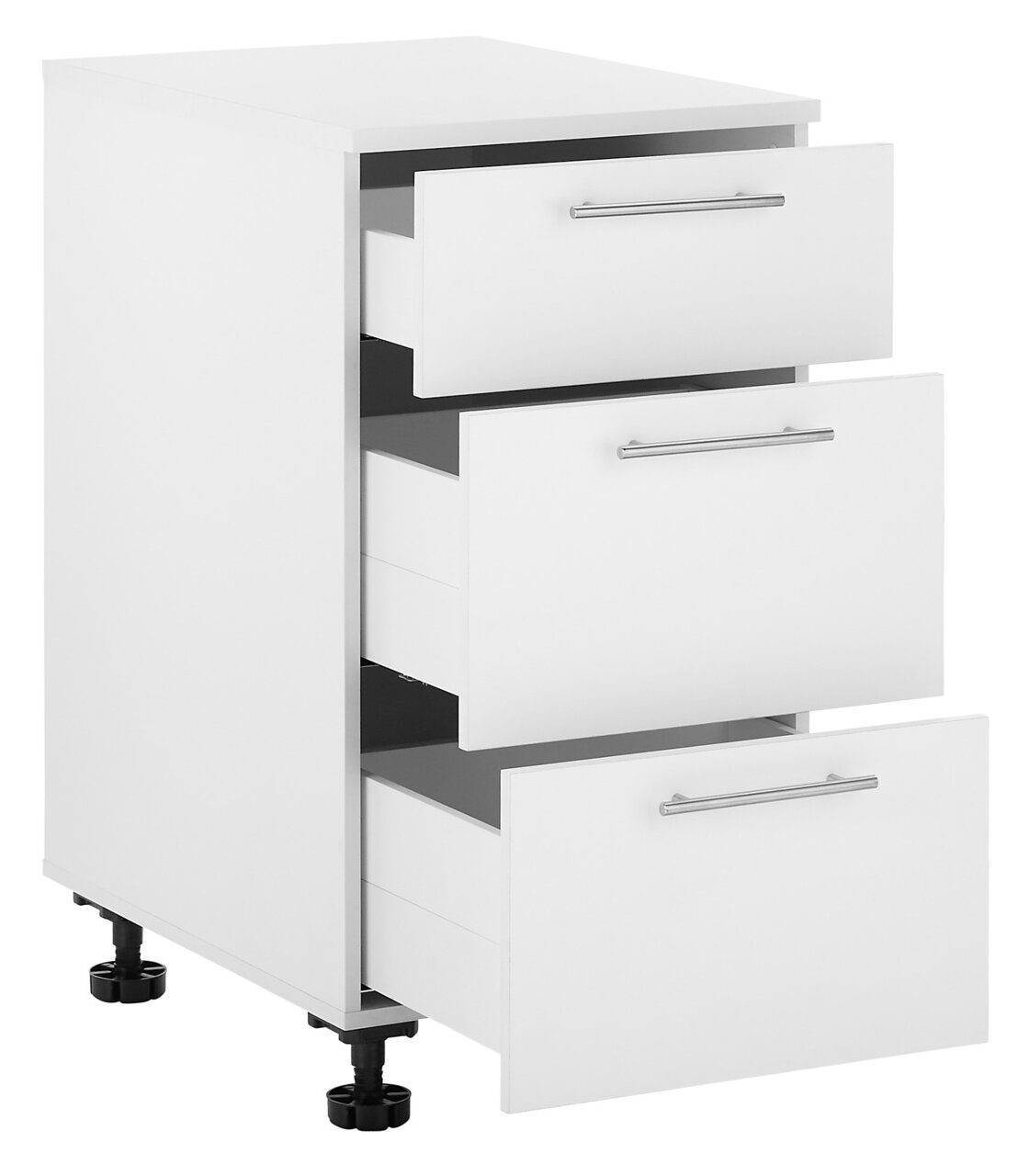 XORA Unterschrank PRIMUS Weißer Unterschrank mit drei offenen Schubladen, seitliche Perspektive