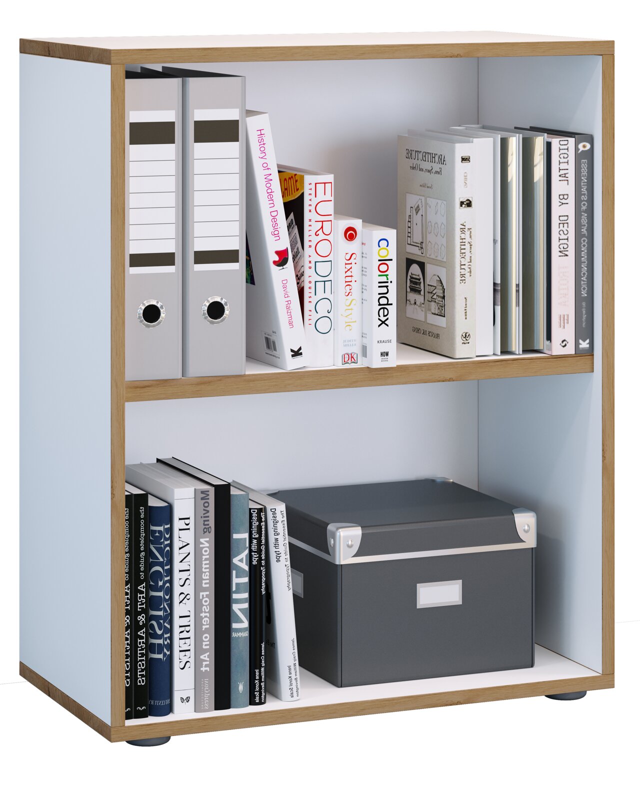 Modernes, zweifächriges Bücherregal mit weißem Korpus und Holzrahmen, befüllt mit Ordnern, Büchern und Aufbewahrungsbox; Ansicht schräg von vorn