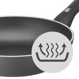 Nahaufnahme einer schwarzen Pfanne mit Antihaftbeschichtung und ergonomischem Griff, seitliche Perspektive