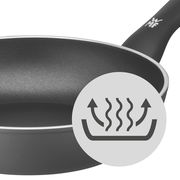 Nahaufnahme einer schwarzen Pfanne mit Antihaftbeschichtung und ergonomischem Griff, seitliche Perspektive