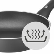 Nahaufnahme einer schwarzen Pfanne mit Antihaftbeschichtung und ergonomischem Griff, seitliche Perspektive