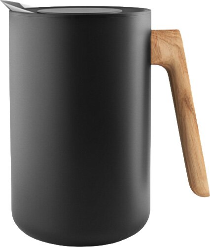 Schwarzer Isolierbecher mit Deckel und Holzgriff, seitliche Produktansicht