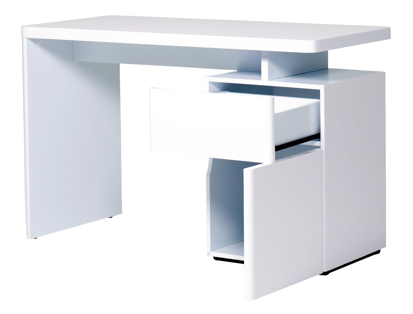 Moderner weißer Schreibtisch mit Schublade und Schrank, seitliche Perspektive