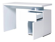 Moderner weißer Schreibtisch mit Schublade und Schrank, seitliche Perspektive