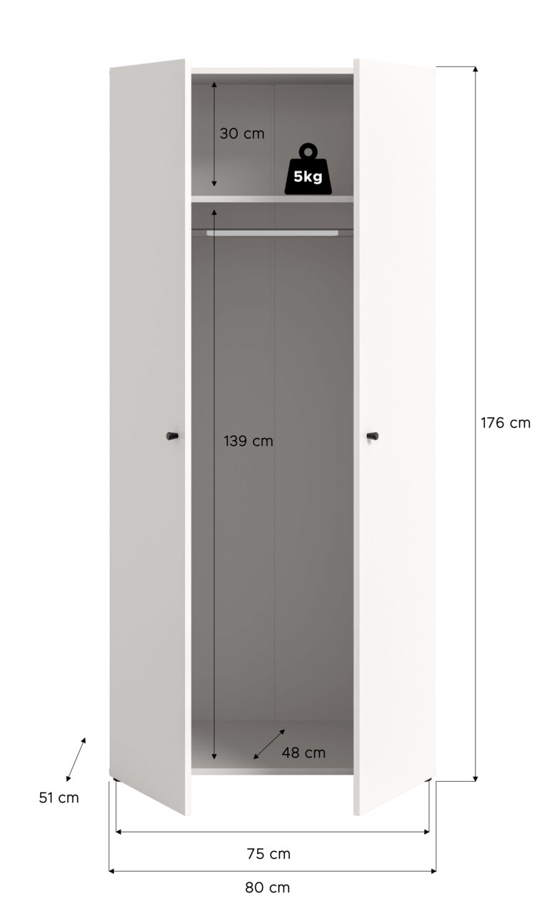 Offener weißer Kleiderschrank mit zwei Türen, Innenansicht von vorne; oben Ablagefach (30 cm) mit max. 5 kg, darunter Kleiderstange, Innenhöhe 139 cm, Innenbreite 75 cm, Innentiefe 48 cm, Gesamtmaße ca. 176 x 80 x 51 cm.